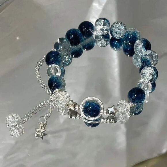 Star Charm Stretch Glass Beaded Bracelet Blue Tassel Celestial Handmade Boho New - Picture 1 of 6